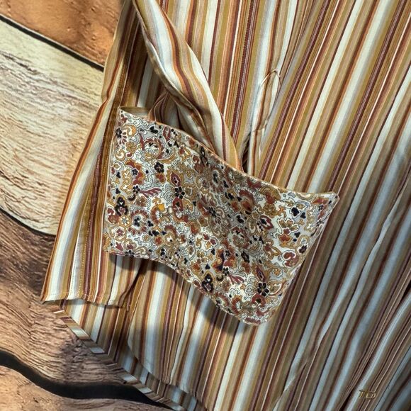 Thomas Dean Large Men’s Striped Long Sleeve Floral Flip Cuff Button Up Cotton - Picture 2 of 7